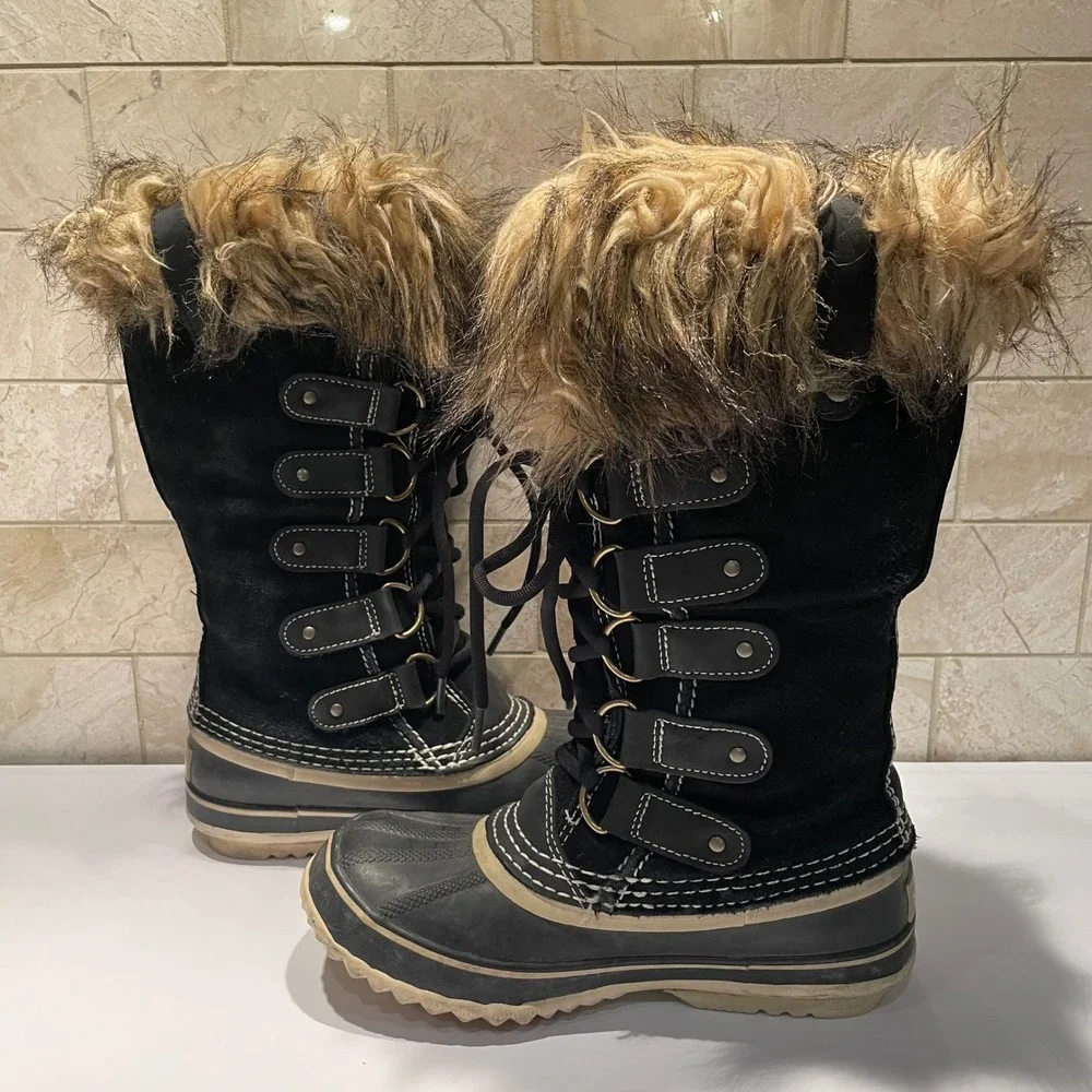 Sorel Joan of Arctic Boots Black Suede Faux Fur Winter Snow NL1540-010 Womens 5‎